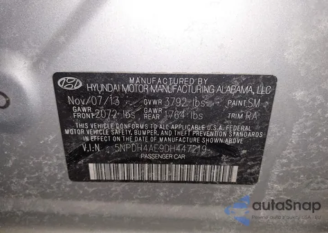 2013 Hyundai Elantra Gls z USA, uszkodzony, nr VIN 5NPDH4AE9DH447219